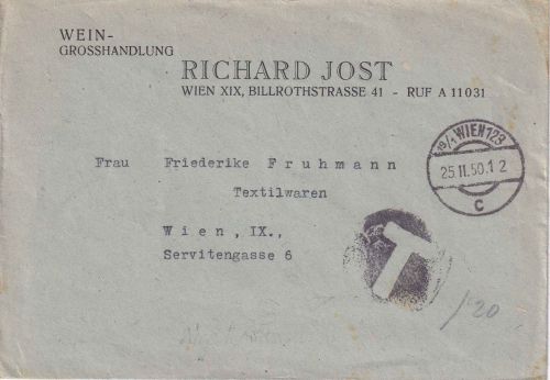 Österreich - Wien 1950 frankierter Ortsbrief - Nachporto