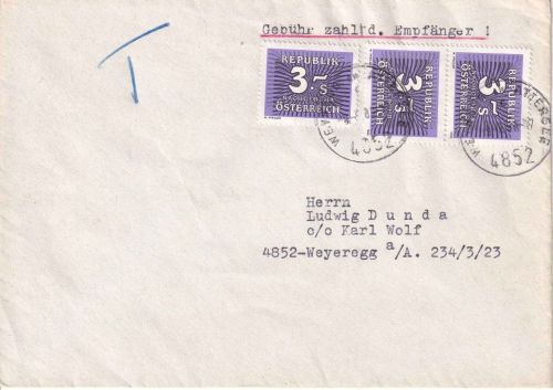 BRD/Österreich - Kornwestheim 1989 unfrankierter Brief n. Weyeregg - Nachporto