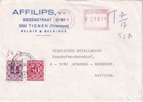Belgien/Österreich - Tienen 1982 unterfrankierter Brief n. Braunau - Nachporto
