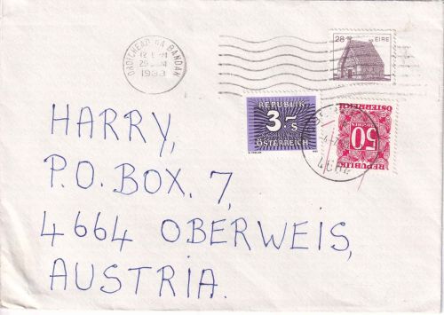 Irland/Österreich - Droichead na Bandan 1983 unterfrankierter Brief - Nachporto