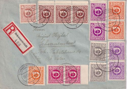 Österreich - 2x30+3x20g Posthorn u.a. Einschreibebrief Schwanenstadt 29.10.45