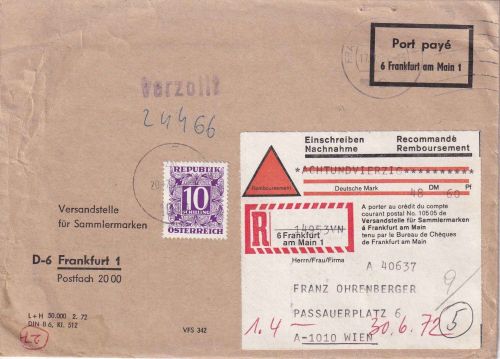 BRD/Österreich - Frankfurt a/M 1972 NN-Einschreiben-Postsache n. Wien Nachporto