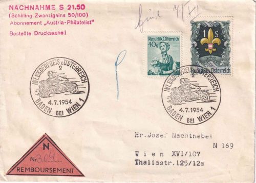 Österreich - Baden b. Wien 1954 "Int. Bäderpreis" SST Nachnahme-Drucksachenbrief