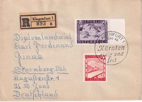 Österreich - 2 S. + 40g Freimarken Einschreibebrief SST Klagenfurt 10.10.48