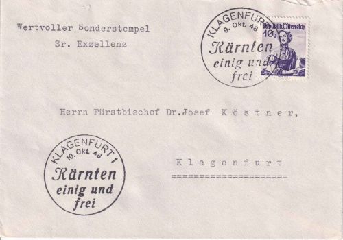 Österreich - 40g Trachten "Bischoff"-Ortsbrief SST Klagenfurt 9.10.48