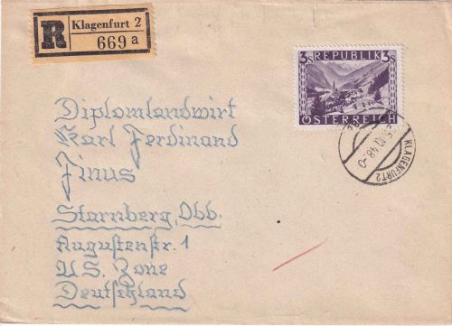 Österreich - 3 S. Freimarke Einschreibebrief Klagenfurt - Starnberg 1948