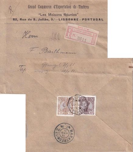 Portugal - 75+25 C. Manuel II. Einschreibebrief Lissabon - Marktredwitz 1911