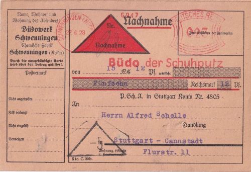 DR - Schwenningen 1928 23 Pfg. AFS "Büdo der Schuhputz" NN-Drucksachenkarte