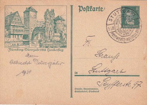 DR - 8 Pfg. Bildganzsache (Nürnberg Dürerjahr 1928) SST Stuttgart 1931
