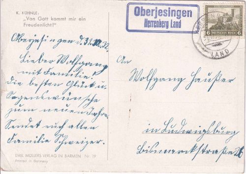 DR - Oberjesingen Herrenberg Land Landpost-Ra2 Karte n. Ludwigsburg 31.12.32