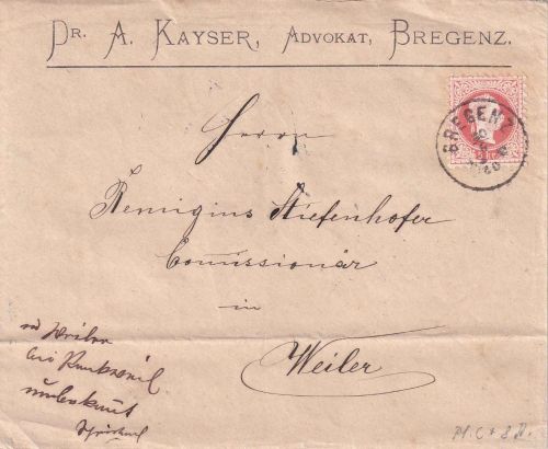 Österreich/Bayern - 5 Kr. Franz-Joseph Brief Bregenz - Weiler 1880 Irrläufer