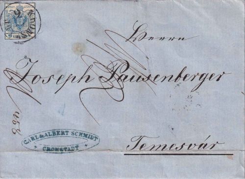 Österreich/Rumänien - 9 Kr. 1. Ausg. Zwergschnitt Brief Kronstadt Temesvar 1858