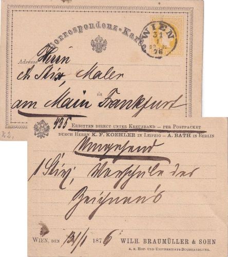 Österreich - 2 Kr. Franz-Joseph Ganzsachenkarte priv. Zudruck Wien - FFM 1876