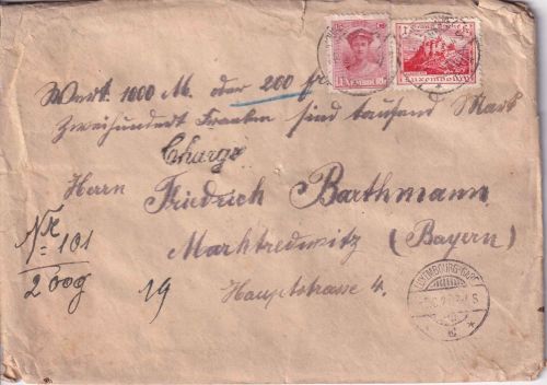 Luxemburg - 1 Fr. Schloss Vianden u.a. Wertbrief Luxembourg-Gare 1921