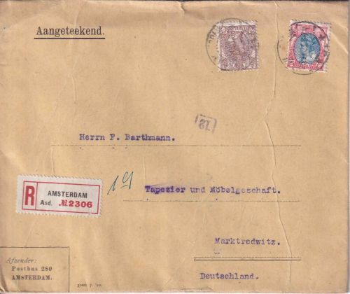 Niederlande - 25+7 1/2 C. Wilhelmina Einschreibebrief Amsterdam 1921