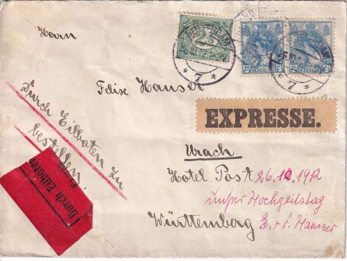 Niederlande - 2x12 1/2 C. Wilhelmina u.a. Eilbrief Rotterdam - Urach 1912