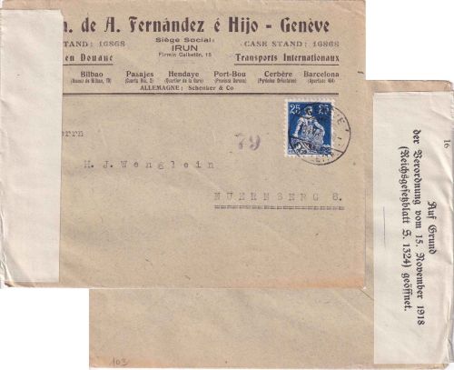 Schweiz - 25 Rp. sitz. Helvetia Zensurbrief Genf - Nürnberg 1920 Devisenzensur