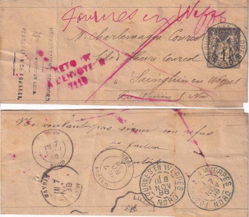 Frankreich - 1 C. Allegorie GA-Streifband Fournes en Weppes 1888 - retour !