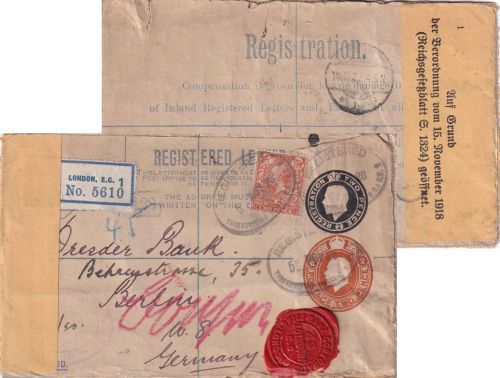 England - 2+2 P. Einschreibeganzsache/Aiufbrauch + Zusatz London 1920 Zensur