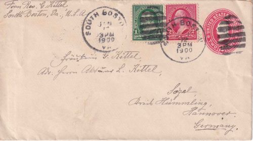 USA - 2 C. Washington Ganzsachenumschlag + Zusatz South Boston - Sögel 1900