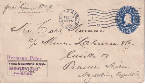 USA - 5 C. Grant Ganzsachenumschlag n. ARGENTINIEN New York - Buenos Aires 1906
