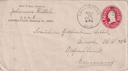USA - 2 C. Washington Ganzsachenumschlag "Direkter Weg" Lowellville Aurich 1910