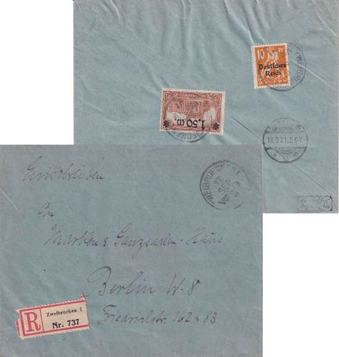 DR-Infla - 1,50/1 M. Reichspostamt/Überdruck u.a. R-Brief Zweibrücken 17.9.21