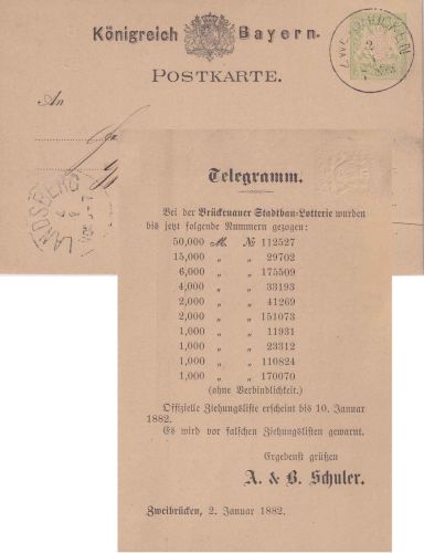 Bayern - 3 Pfg. Wappen Ganzsachenkarte priv. Zudruck Zweibrücken Landsberg 1882
