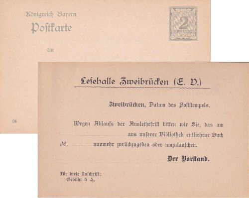 Bayern - 2 Pfg. Rauten Ganzsachenkarte priv. Zudruck Lesehalle Zweibrücken 1904