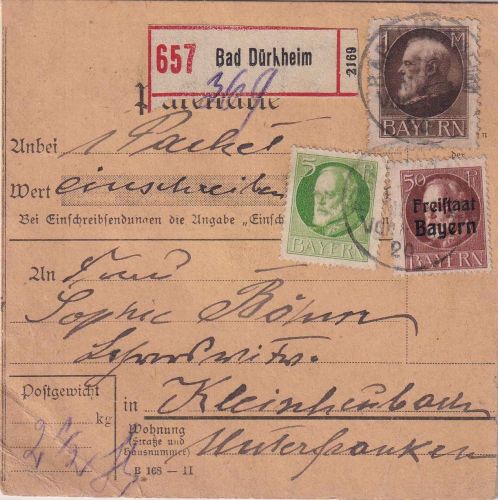 Bayern - 1 M. Ludwig u.a. Einschreibe-Paketkarte Bad Dürkheim 16.3.20