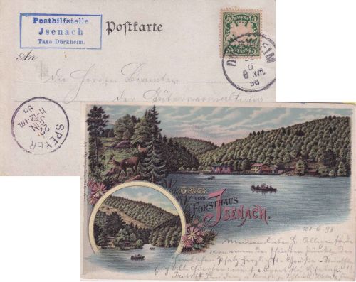 Bayern - Isenach T. Dürckheim Posthilfstellen-Ra3 Farblitho-AK n. Speyer 1898