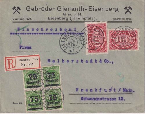 DR-Infla - 2x100.000 M. Queroval ua. Einschreibebrief Eisenberg - FFM 20. SEP 23