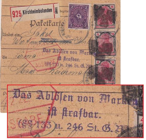 DR-Infla - 3x4 M. Germania u.a. Wertpaketkarte Kirchheimbolanden 25.2.22