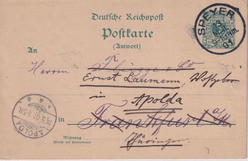 DR/Bayern - 5 Pfg. K/A Ganzsachenkarte/Antwortteil Speyer - FFM - Apolda 1901
