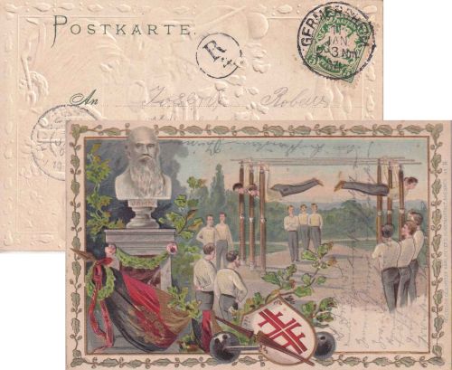 Bayern - Germersheim 1904 farb. Jahn/Turner-Prägekarte n. Rosenheim