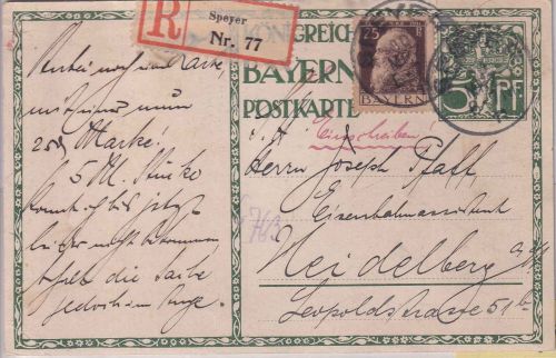Bayern - 5 Pfg. Jub.-Ganzsache+Zusatz Einschreibekarte Speyer - Heidelberg 1911