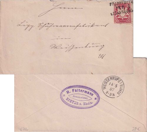 Bayern - 10 Pfg. Wappen DR-Bahnpost-L3 Frankfurt/Strassburg Brief Speyer 1887