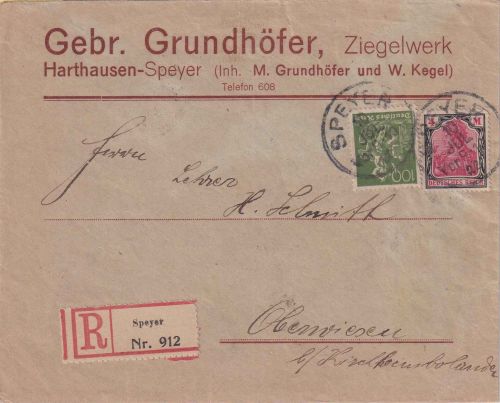 DR-Infla - 4 M. Germania u.a. Einschreibebrief Speyer (Harthausen) 10. JUL 22