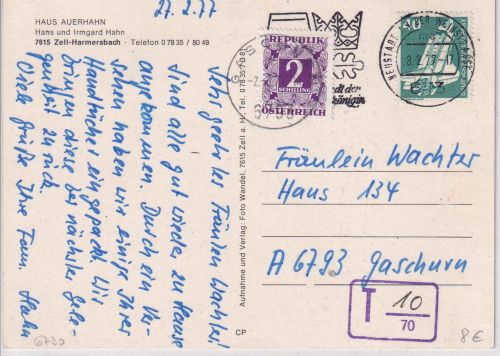 BRD - Neustadt a/Weinstraße 1977 unterfrankierte Karte n. ÖSTERREICH - Nachporto