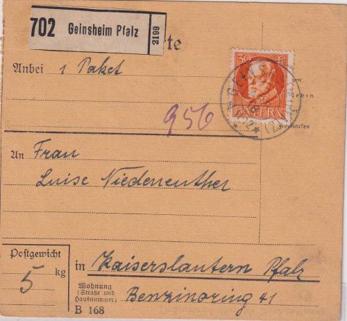 Bayern - 30 Pfg. Ludwig Paketkarte Geinsheim (Pfalz) - Kaiserslautern 9. APR 18