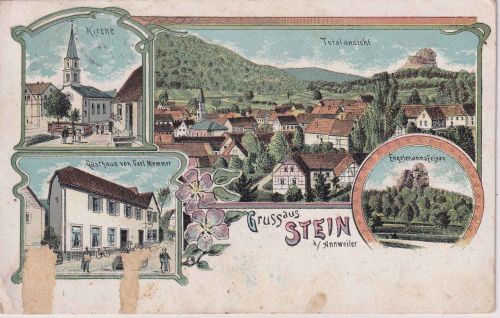 Rheinland-Pfalz - Stein b. Annweiler farb. Merhbildlitho (Gasthaus etc.) ca 1910