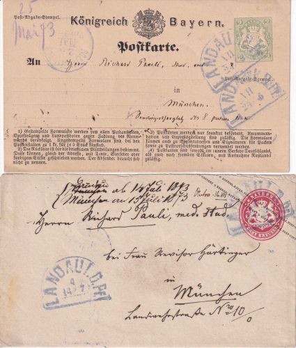 Bayern - 1 Kr. GA-Karte, 3 Kr. GA-Umschlag beide blauer HKS Landau Pf. 1873