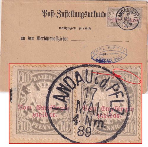 Bayern - 2x10 Pfg. Wappen/Porto Ortszustellurkunde Landau (Queichheim) 1889