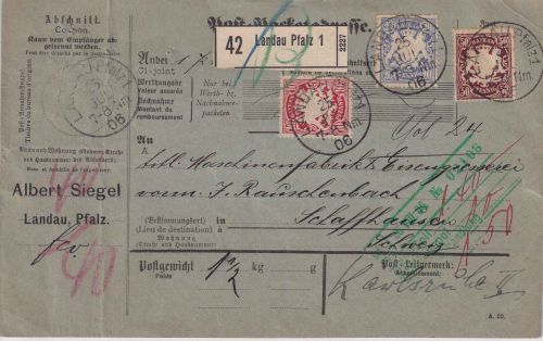 Bayern - 50+20+10 Pfg. Wappen Paketkarte i.d. SCHWEIZ Landau/Pfalz 1906
