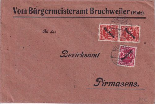 DR-Infla - 2x500+200 M. Ziffer/Überdruck Dienstbrief Bruchweiler-Bärenbach 1923