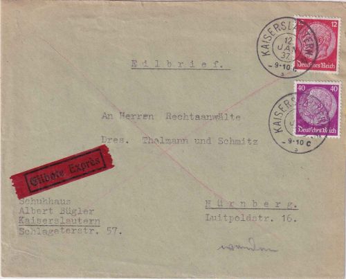 DR - 40+12 Pfg. Hindenburg Eilbrief bayer. K2 Kaiserslautern 4 - 12. JAN 37