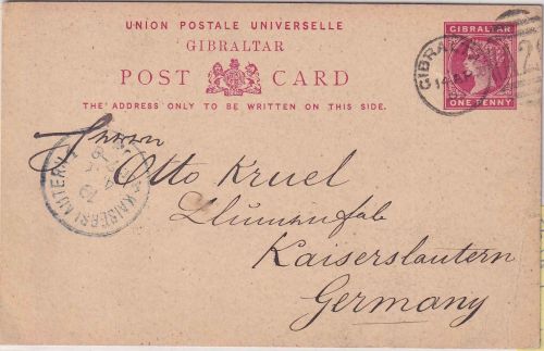 Gibraltar - 1 P. Victoria Ganzsachenkarte n. Kaiserslautern 1903