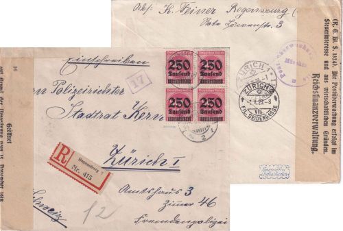 DR-Infla - 250 Tsd/500 M. 4er-Block Einschreibebrief i.d. SCHWEIZ Regensburg