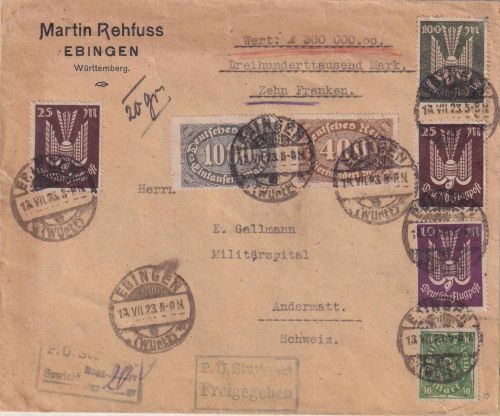 DR-Infla - 100 M. Holztaube u.a. Wertbrief i.d. SCHWEIZ Ebingen13.7.23