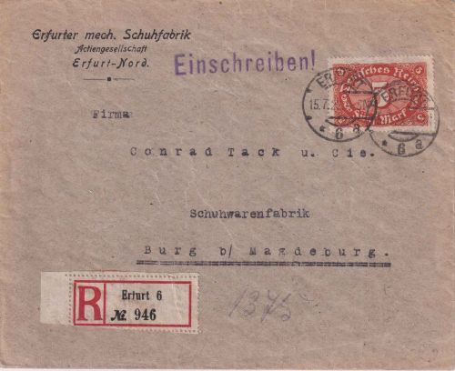 DR-Infla - 5 M. Queroval (b-Farbe !!) Einschreibebrief Erfurt 6 - Burg 15.7.22